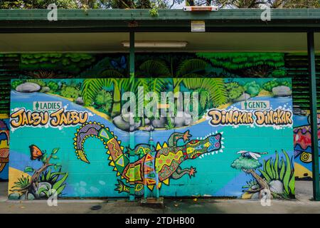 toilettes publiques peintes par des artistes indigènes locaux mettant en vedette la faune du Queensland, Rotary Park, Mossman, Queensland, Australie Banque D'Images