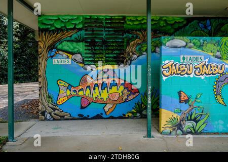 toilettes publiques peintes par des artistes indigènes locaux mettant en vedette la faune du Queensland, Rotary Park, Mossman, Queensland, Australie Banque D'Images