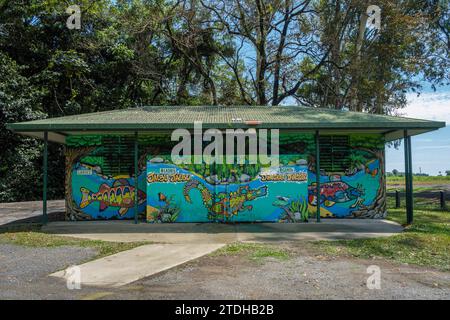 toilettes publiques peintes par des artistes indigènes locaux mettant en vedette la faune du Queensland, Rotary Park, Mossman, Queensland, Australie Banque D'Images