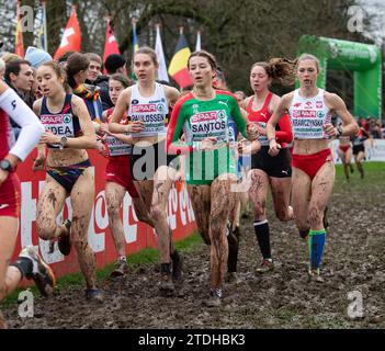 Fien Paulussen, de Belgique, et Petra Santos, du Portugal, concourent dans la course féminine U20 aux Championnats d’Europe de cross-country SPAR, à Laeken Park Banque D'Images