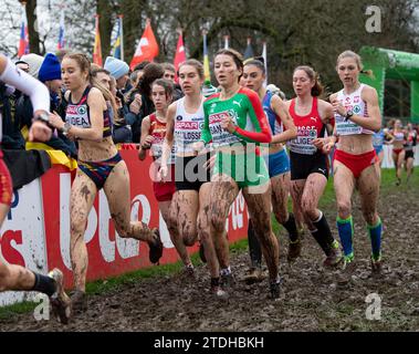 Fien Paulussen, de Belgique, et Petra Santos, du Portugal, concourent dans la course féminine U20 aux Championnats d’Europe de cross-country SPAR, à Laeken Park Banque D'Images