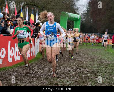 Stela Fernandes, du Portugal, et Adele Roatta, de l’Italie, concourent dans la course féminine U20 aux Championnats d’Europe de cross-country SPAR, à Laeken Park Banque D'Images