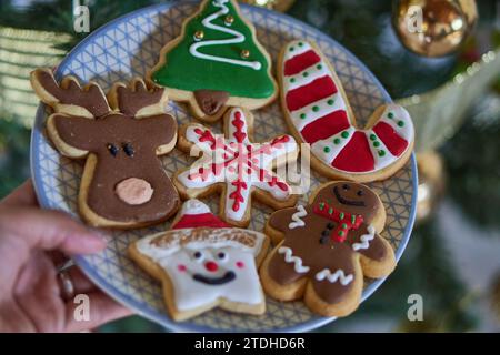 Biscuit de pain d'épice de Noël sur une assiette avec arbre de Noël flou en arrière-plan. Vue de dessus Banque D'Images