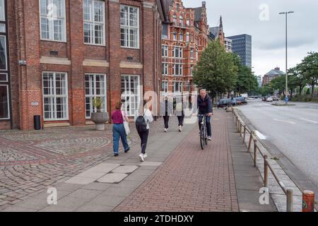 Cyclistes sur la piste cyclable à bandes rouges sur un sentier pédestre à Hambourg, en Allemagne. Banque D'Images