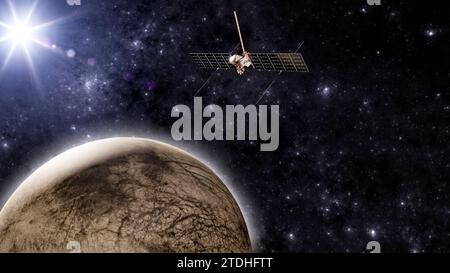 Clipper vaisseau spatial voyageant vers la lune de Jupiter : Europe. rendu 3d. Les éléments de cette image sont fournis par la NASA Banque D'Images