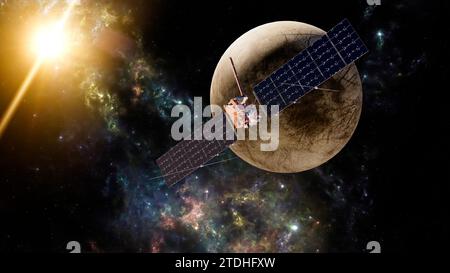 Clipper vaisseau spatial voyageant vers la lune de Jupiter : Europe. rendu 3d. Les éléments de cette image sont fournis par la NASA Banque D'Images
