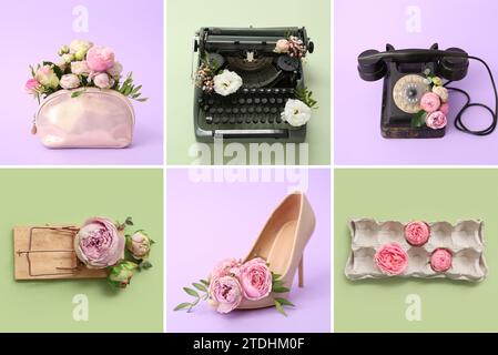 Collage de différents objets avec de belles fleurs sur des fonds lilas et verts Banque D'Images