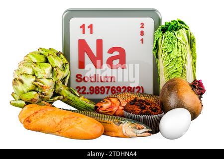 Produits contenant du sodium, rendu 3D isolé sur fond blanc Banque D'Images