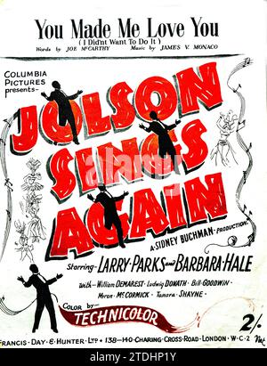 Couverture de la partition de film vintage des années 1940 de 'Jolson Sings Again' A Columbia Picture, avec Larry Parks et Barbara Hale. Banque D'Images