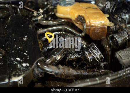 Moteur de voiture humide. Ouvrez le capot du véhicule. Lavage de voiture en détail. Moteur de transport. Banque D'Images