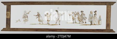 Onze personnages à l'extérieur, anonyme, c. 1700 - c. 1800 plaque de verre dans un brut en bois. Panorama de onze personnages en plein air. De gauche à droite : un chien, deux femmes, deux hommes essayant d'attraper un mouchoir soufflant, un homme avec un bâton dans la main gauche, une femme, un homme appuyé sur un bâton et un homme et deux femmes. Verre néerlandais. bois (matière végétale). chêne (bois). Peinture à l'huile (peinture) plaque de verre dans un brut en bois. Panorama de onze personnages en plein air. De gauche à droite : un chien, deux femmes, deux hommes essayant d'attraper un mouchoir soufflant, un homme avec un bâton dans la main gauche, une femme, un homme leani Banque D'Images