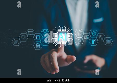 La technologie de l'IA et l'intelligence artificielle utilisent l'analytique, la technologie de l'intelligence de l'information de connexion, l'automatisation et le cerveau autonome. Gestionnaires de Big Data Banque D'Images