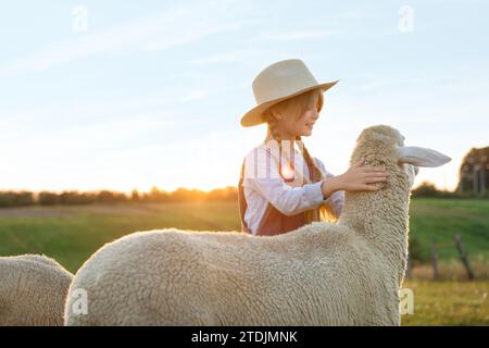 Fille caressant des moutons sur le pâturage. Animal de ferme Banque D'Images