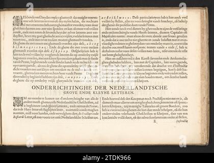 Description de l'écriture de la lettre italienne (quatrième suite) et le début des lettres néerlandaises, Jan van de Velde (I), 1605 Folio E1R avec la quatrième suite de l'instruction comment écrire la lettre italienne, en commençant par une petite initiale décorée H. puis le début de la description des lettres néerlandaises, en commençant par une petite initiale O. le magazine fait partie d'un album. Rotterdam papier impression typographique Folio E1R avec la quatrième suite de l'instruction comment la lettre italienne doit être écrite, en commençant par une petite initiale décorée H. puis le début de la de Banque D'Images