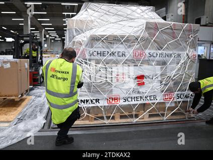 PRODUCTION - 07 décembre 2023, Hesse, Francfort-sur-le-main : les employés DE DB Schenker Jetcargo attachent un filet à une palette de fret dans le hall de fret aérien de la société logistique à Cargo City South à l'aéroport de Francfort. Le fret aérien permet de transporter une grande variété d’objets sur les continents. À l'approche de Noël, les choses doivent bouger particulièrement vite. (À dpa « quand chaque centimètre compte - poussée de fin d'année dans le hall de fret aérien ») photo : Arne Dedert/dpa Banque D'Images