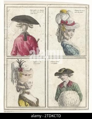 Galerie des modes et costumes français ... Petit-maître dans un chapeau en Suisse, Anonyme, c. 1776 - C. 1777 Twee Dames- en Twee Herenkapsels mets Hoeden in kaders. Van Linksboven naar Rechtsonder : de la matière dans un chapeau en Suisse avec une très petite bourse ; chapeau de Corse avec gland ; coeffure circassienne ; Clabeau plié vers les quakers. Imprimeur : Francepublisher : papier de Paris. carton. Gravure à l'encre Twee Dames- en Twee Herenkapsels mets Hoeden in kaders. Van Linksboven naar Rechtsonder : matière dans un chapeau en Suisse avec une très petite bourse ; chapeau Corse avec gland ; coeff circassien Banque D'Images