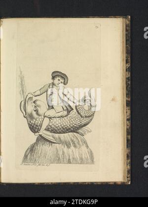 Garçon de bateau sur un dauphin, Antoine Alexandre Joseph Cardon, d'après Jacob Jozef van der Neer, 1772 - 1773 Sculpture d'un garçon de bateau ou marin assis sur une fontaine en forme de dauphin. Image réalisée par Jaques Vander Neer. Numéroté en haut à droite de la plaque : 19. Partie de la collection de figures et statues en neige dans les rues d'Anvers en janvier 1772. Sud des pays-Bas gravure sur papier Anvers Sculpture d'un garçon de navire ou marin assis sur une fontaine en forme de dauphin. Image réalisée par Jaques Vander Neer. Numéroté en haut à droite de la plaque : 19. Fait partie du collec Banque D'Images