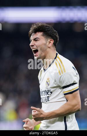 Madrid, Espagne. 18 décembre 2023. Brahim Diaz du Real Madrid célèbre après avoir marqué un but lors du match de la Liga 2023-24 entre le Real Madrid et Villarreal au stade Santiago Bernabeu. Score final ; Real Madrid 4:1 Villarreal. Crédit : SOPA Images Limited/Alamy Live News Banque D'Images