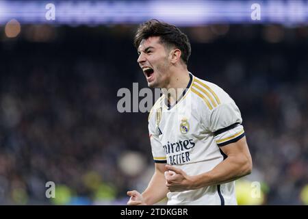 Madrid, Espagne. 18 décembre 2023. Brahim Diaz du Real Madrid célèbre après avoir marqué un but lors du match de la Liga 2023-24 entre le Real Madrid et Villarreal au stade Santiago Bernabeu. Score final ; Real Madrid 4:1 Villarreal. Crédit : SOPA Images Limited/Alamy Live News Banque D'Images