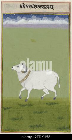 Bélier avec un col doré et les extrémités décorées de ses cornes, Anonyme, 1700 - 1799 dans un pâturage vert avec un horizon élevé, il y a un bélier et un profil à gauche, une bande dorée avec des bulles et le bout de son ouïe est également décoré d'or; en haut du cadre blanc, un texte en écriture indienne. Lignes de cadre étroites en cadre jaune, vert, blanc et rouge le spectacle, en haut est une bande blanche avec du texte sanskrit en lignes de cadre rouges. Le texte est : mesharasisvarupam. Papier Udaipur. Pinceau de pont / pinceau dans un pâturage vert avec un horizon élevé, il y a un bélier et un profil à gauche, un doré Banque D'Images