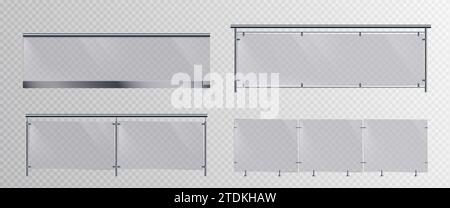 Mains courantes en verre ensemble isolé sur fond transparent. Illustration réaliste vectorielle de barrière en plastique 3D, balustrade d'escalier pour balcon, intérieur de maison ou de bureau, clôture en plexiglas sur poteaux métalliques Illustration de Vecteur