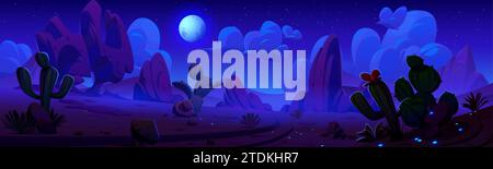 Paysage désertique de canyon de nuit avec cactus. Illustration vectorielle de dessin animé de terrain sauvage avec des pierres rocheuses, la lune et les étoiles brillant dans le ciel sombre, lucioles néon sur un sol sablonneux, plantes exotiques le long de la route Illustration de Vecteur