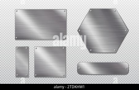 Plaque d'étiquette métallique en acier de forme rectangulaire, carrée et hexagonale avec rivets. Ensemble vectoriel réaliste de plaques signalétiques en aluminium vierges ou de panneaux avec vis. Surface chromée plaque vide ou maquette de cadre. Illustration de Vecteur