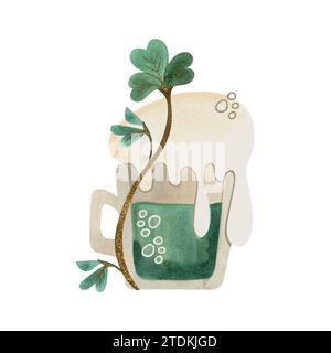 Une tasse en verre de bière verte avec de la mousse haute est enchevêtrée avec du trèfle shamrock. Bière. Symbole de l'Irlande. St Patrick's Day. Illustration d'aquarelle isolée Banque D'Images