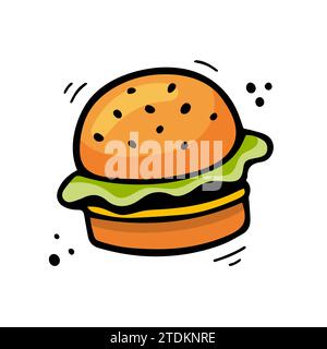 Illustration Cheeseburger. Illustration de restauration rapide dans le style doodle. Croquis dessiné à la main de hamburger. Burger coloré dessiné avec un stylo feutre. Illustration de Vecteur