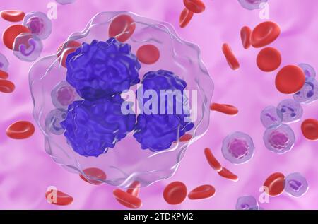 Cellules de lymphome folliculaire (LF) dans le flux sanguin - vue en gros plan illustration 3d. Banque D'Images
