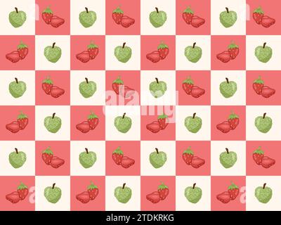 Motif transparent Vector coloré avec des pommes custard de fruits et des fraises. Illustration de Vecteur