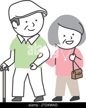 Couple senior souriant marchant bras dans bras. Une illustration senior de style dessin animé simple et mignon. Illustration de Vecteur