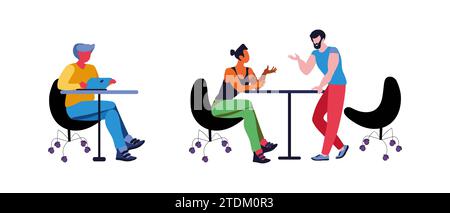 Les hommes de Seth dans un lieu de travail confortable. Mobilier de bureau confortable. Travail à distance. Illustration vectorielle lumineuse. Illustration de Vecteur