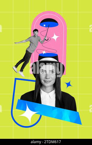 Vertical image de collage créatif de positif jeune femme magicienne coupé chapeau tranche homme volant freak bizarre inhabituel fantaisie bande dessinée Banque D'Images