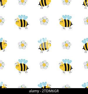 Modèle sans couture d'abeilles volantes et de fleurs sur fond blanc. Illustration de Vecteur
