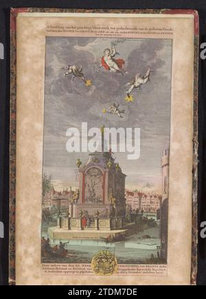 Temple de la paix pour le feu d'artifice du 30 août 1721, Jan Goeree, d'après Simon Schijnvoet, 1735 préparatifs pour le temple de la paix, le centre du feu d'artifice a démarré le 9 décembre, 1721 sur le Binnen-Amstel au Kloveniersburgwal en mémoire de la paix de Nystad conclue entre la Russie et la Suède le 10 septembre 1721. Dans les airs quatre anges, sur la droite une pièce de la tour Swygh Utrecht. Le feu d'artifice livré au nom de Christoffel van Brants, représentant de la Kroon russe à Amsterdam. Partie d'un atlas avec 223 cartes de pays et de villes et scènes de guerre en Europe en t Banque D'Images