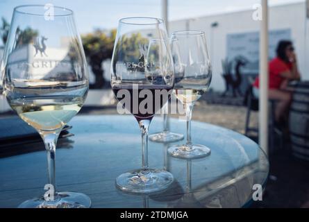 Goûter les vins ocal à El Grifo, la Geria, Lanzarote, Îles Canaries, Espagne Banque D'Images