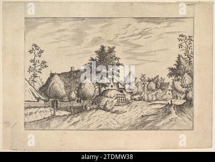 Village Street, foin empilé devant une ferme de Praediorum villarum et rusticarum casularum icones elenoantissimae ad vivum in apre déformatae 1922 de Johannes van Doetecum I. Banque D'Images