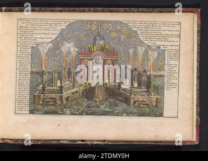 Feu d'artifice à la célébration de la paix d'Utrecht, 1713, Anonyme, d'après Daniël Marot (I), 1735 échafaudage avec feu d'artifice commandé par les États généraux sur la Hofvijver à la Haye lors de la célébration de la paix d'Utrecht, 14 juin 1713. De chaque côté du spectacle le titre et la légende en néerlandais. Partie d'un atlas avec 223 cartes des pays et des villes et des scènes de guerre en Europe dans la période ca. 1690-1735. Print Maker : Northern Netherlandspublisher : Amsterdam papier gravure Hofvijver échafaudage avec feux d'artifice commandés par les États-généraux sur le Hofvijver à la Haye à la célébrité Banque D'Images