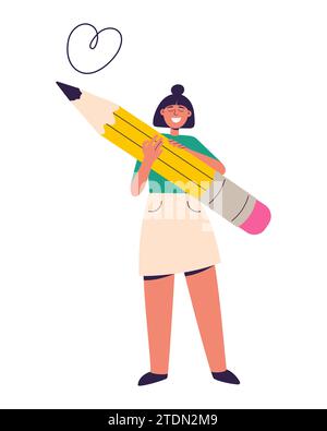 Femme heureuse tenant le grand crayon illustration vectorielle Illustration de Vecteur