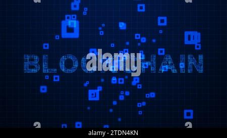 Blockchain textes animation de lignes de circuit sur fond de grille Banque D'Images