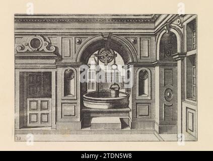 Puits d'eau en ouverture arquée dans un mur, Johannes ou Lucas van Doetechum, d'après Hans Vredeman de Vries, c. 1574 puits rond construit dans la cloison entre une cour et une place. L'impression fait partie d'un album. Anvers gravure de papier puits rond construit dans la cloison entre une cour et une place. L'impression fait partie d'un album. Gravure sur papier d'Anvers Banque D'Images