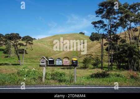 Boîtes aux lettres rurales près de Kawakawa Bay, région d'Auckland, Île du Nord, Nouvelle-Zélande Banque D'Images