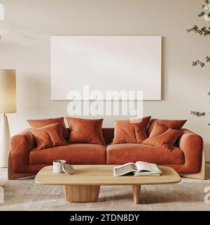 Salon moderne accueillant avec un canapé en terre cuite moelleux et une table basse en bois naturel sous un éclairage ambiant doux. rendu 3d. Banque D'Images