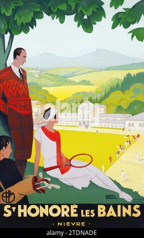 Roger broders (1883-1953) affiche de voyage en français - ST. HONORÉ LES BAINS, 1928 - Femme avec raquette de tennis, garçon avec sac de golf. Banque D'Images