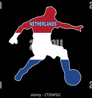 Silhouette d'un footballeur néerlandais avec les couleurs du drapeau national sur fond noir Banque D'Images