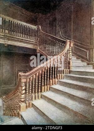 Staircase of No. 10 Austin Friars, 1895 tiré du livre « London Vanished and Vanishing » de Norman, Philip, 1842-1931 publié en 1905 à Londres par Adam & Charles Black Philip E. Norman FSA (9 juillet 1842 – 17 mai 1931) était un artiste, auteur et antiquaire britannique. Banque D'Images