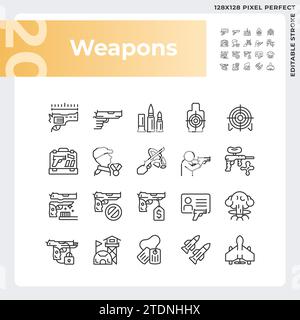 Icônes d'armes noires pixel Perfect personnalisables en 2D. Illustration de Vecteur