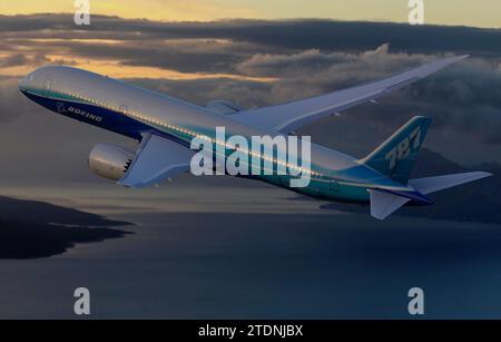 Boeing 787-8 Dreamliner lors d'un vol au-dessus de la mer Banque D'Images
