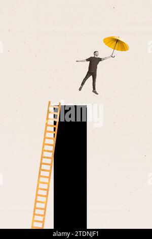 Collage vertical image homme youn saut trampoline tomber excité drôle en bas des escaliers parapluie abstrait exclusif fond blanc Banque D'Images